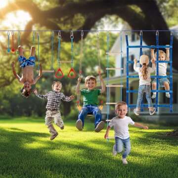 FAHKNS Ninja Warrior Obstacle Course for Kids, 65 FT Durable Slackline with 11 Obstacles-Swings, Monkey Bars, Arm Trainers and More, Weatherproof Outdoor Obstacle Course for Backyard,3+ Years Old
