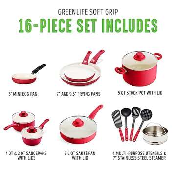 GreenLife Soft Grip 16 Piece Cookware Set, Non-Toxic PFAS-Free Ceramic Nonstick, Frying, Sauce, Saute, Utensils, Glass Lids, Stay-Cool Handles, Wobble Free, Dishwasher & Oven Safe, Red