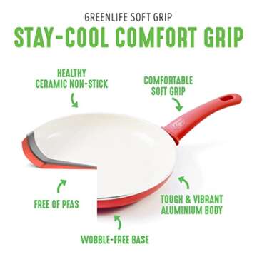 GreenLife Soft Grip 16 Piece Cookware Set, Non-Toxic PFAS-Free Ceramic Nonstick, Frying, Sauce, Saute, Utensils, Glass Lids, Stay-Cool Handles, Wobble Free, Dishwasher & Oven Safe, Red
