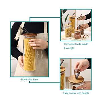 Emica Home Borosilicate Glass Kitchen Container/Canisters with Acacia Wood Air-tight Lid and PU Handle Set-4 Pack, Glass Food Storage Jars for Kitchen, Pantry Organization, Ideal for Coffee, Nuts