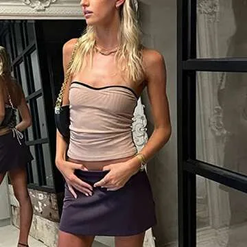 Women Sexy Strapless Tube Tops Sleeveless Stretchy Solid Hollow Out Crop Top Summer Streewear Tank Top(E-Solid Khaki,M)