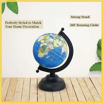 Rely+ 4" World Globe With Sturdy Metal Stand (NOT PLASTIC!) - Desktop Globe For Home Desk Table Office - Book Shelf Decor World Globe Adult Gift - 4 Inch - Blue Globe