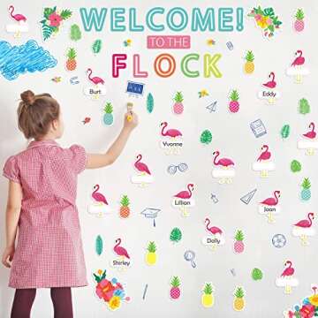 Tinlade 93 Pcs Flamingo Bulletin Board Simply Stylish Tropical Classroom Decorations Summer Flamingo Welcome Bulletin Board Cutouts for Hawaiian Luau Party Back to School Classroom Office Wall Decor