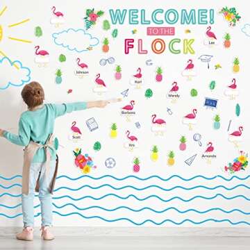 Tinlade 93 Pcs Flamingo Bulletin Board Simply Stylish Tropical Classroom Decorations Summer Flamingo Welcome Bulletin Board Cutouts for Hawaiian Luau Party Back to School Classroom Office Wall Decor
