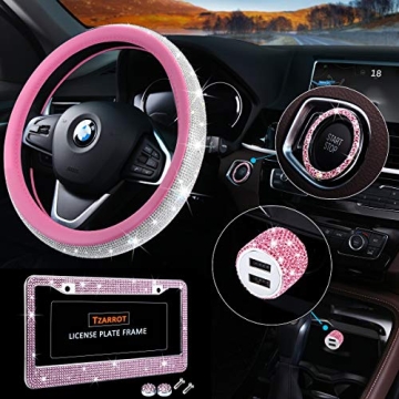 Bling Car Accessories Set, Pink Bling Steering Wheel Cover for Women Universal Fit 15 Inch, Bling Li...