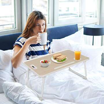 Laptop Bed Tray Table with Handle Folding Laptop Desk Laptop Bed Desk Stand Standing Table with Foldable Legs Couch Table Bed Desk Reading Stand Foldable Lap Table for Sofa Couch Floor(Wood-Color)