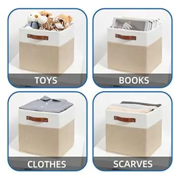 Temary Fabric Storage Cubes 12 Inch Cube Storage Bins 4Pack Empty Gift Baskets Storage Baskets for Organizing, Collapsible Fabric Bins for Shelves, Closets, Nursery (White & Khaki)