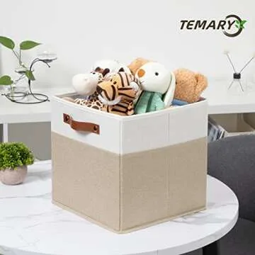 Temary Fabric Storage Cubes 12 Inch Cube Storage Bins 4Pack Empty Gift Baskets Storage Baskets for Organizing, Collapsible Fabric Bins for Shelves, Closets, Nursery (White & Khaki)