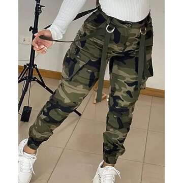 Vakkest Women's Camo Cargo Pants Workout Jogger High Waist Lightweight Hiking Outdoor Stretch Loose Sweatpants with Belt