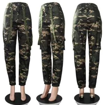Vakkest Women's Camo Cargo Pants Workout Jogger High Waist Lightweight Hiking Outdoor Stretch Loose Sweatpants with Belt