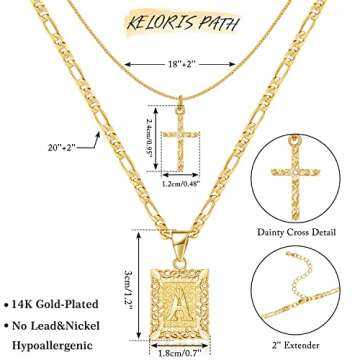 KELORIS PATH Gold Layered Initial Cross Necklace, 14K Gold Plated Layering Square Letter Pendant Figaro Chain Cross Choker from A-Z Capital Jewelry for Women(Letter J)