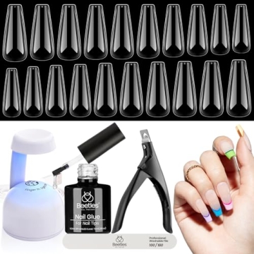 Beetles Gel Nail Kit Easy Nail Extension Set Beetles Gel X Pre shaped Long Coffin Soft Gel Nail Tips with 5 In 1 Nail Glue Gel Base Coat and Led Nail Lamp Acrylic Nail for Nail Art Diy Home Manicure