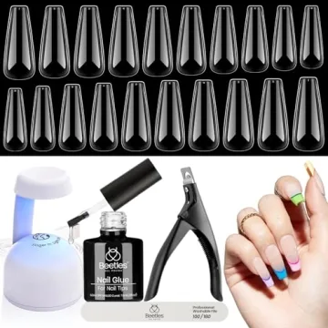 Beetles Gel Nail Kit Easy Nail Extension Set Beetles Gel X Pre shaped Long Coffin Soft Gel Nail Tips with 5 In 1 Nail Glue Gel Base Coat and Led Nail Lamp Acrylic Nail for Nail Art Diy Home Manicure