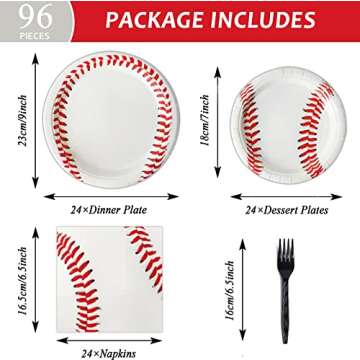 96 Pcs Baseball Party Supplies Set for 24 Guests