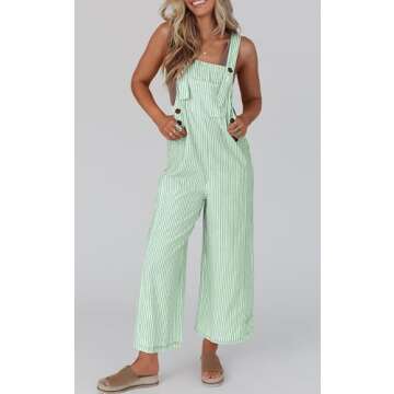 PRETTYGARDEN Summer Jumpsuit For Women Striped Overall Outfits Sleeveless One Piece 2024 Western Wide Leg Strap Overalls Jumpers (Green Striped,S)