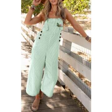 PRETTYGARDEN Summer Jumpsuit For Women Striped Overall Outfits Sleeveless One Piece 2024 Western Wide Leg Strap Overalls Jumpers (Green Striped,S)