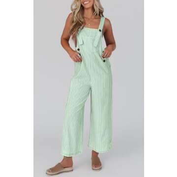 PRETTYGARDEN Summer Jumpsuit For Women Striped Overall Outfits Sleeveless One Piece 2024 Western Wide Leg Strap Overalls Jumpers (Green Striped,S)