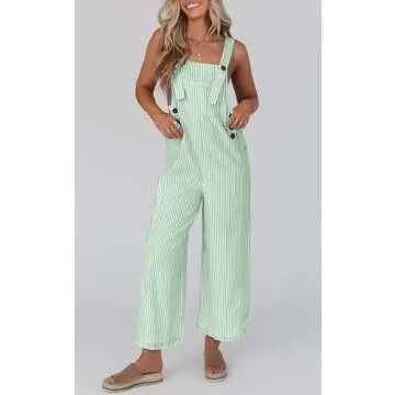 PRETTYGARDEN Summer Jumpsuit For Women Striped Overall Outfits Sleeveless One Piece 2024 Western Wide Leg Strap Overalls Jumpers (Green Striped,S)