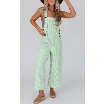 PRETTYGARDEN Summer Jumpsuit For Women Striped Overall Outfits Sleeveless One Piece 2024 Western Wide Leg Strap Overalls Jumpers (Green Striped,S)