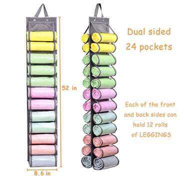 Legging Storage Bag Storage Hanger Can Holds 24 Leggings or Shirts Jeans Compartment Storage Hanger, Foldable Leggings Organizer Clothes Portable Closets Roll Holder(Grey)