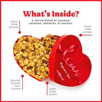 Valentines Gifts Gourmet Popcorn Gift Set For Women, Gift for Her in Heart-Shaped Box, Gluten-Free Caramel Popcorn with Candied Nuts, Kosher