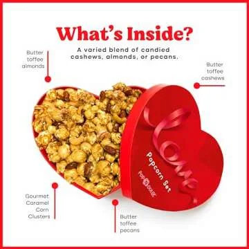 Valentines Gifts Gourmet Popcorn Gift Set For Women, Gift for Her in Heart-Shaped Box, Gluten-Free Caramel Popcorn with Candied Nuts, Kosher