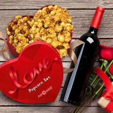 Valentines Gifts Gourmet Popcorn Gift Set For Women, Gift for Her in Heart-Shaped Box, Gluten-Free Caramel Popcorn with Candied Nuts, Kosher