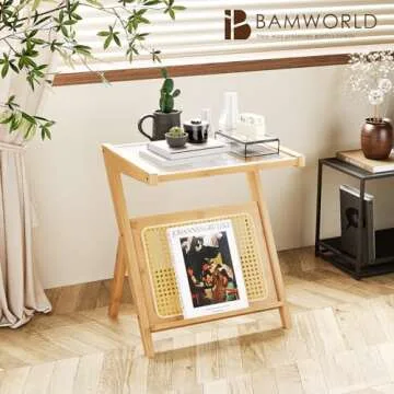 Bamworld Rattan Side Table Boho Night Stand Glass Bedside Small End Tables Bamboo Bedroom Coffee Table with Storage for Living Room and Outdoor Nature