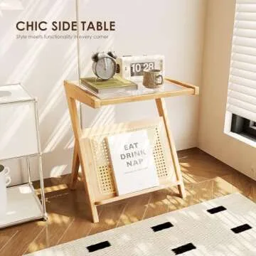 Bamworld Rattan Side Table Boho Night Stand Glass Bedside Small End Tables Bamboo Bedroom Coffee Table with Storage for Living Room and Outdoor Nature