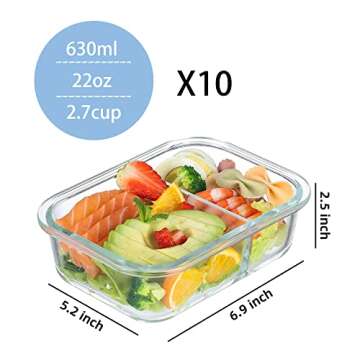Bayco 10 Pack Glass Meal Prep Containers 2 Compartment, Glass Food Storage Containers with Lids, Air...