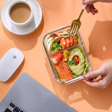 Bayco 10 Pack Glass Meal Prep Containers 2 Compartment, Glass Food Storage Containers with Lids, Airtight Glass Lunch Bento Boxes, BPA-Free & Leak Proof (10 lids & 10 Containers) - White