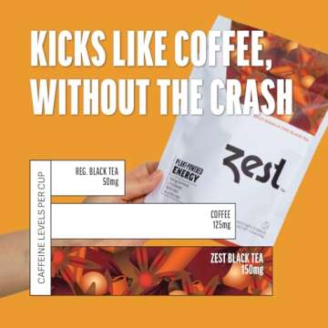 Zest 150mg High Caffeine Energy Leaf Blend - Spicy Masala Chai Black Tea - 20 Pack Bag - All Natural Strong Flavored Healthy Coffee Alternative Highly Caffeinated Substitute - Perfect for Keto Diet