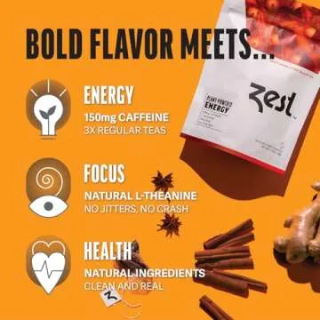 Zest 150mg High Caffeine Energy Leaf Blend - Spicy Masala Chai Black Tea - 20 Pack Bag - All Natural Strong Flavored Healthy Coffee Alternative Highly Caffeinated Substitute - Perfect for Keto Diet
