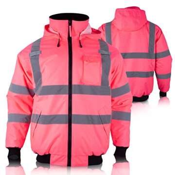 VENDACE Hi Vis Reflective Safety Winter Bomber Jacket Hoodie for Women ANSI High Visibility Pink Qui...