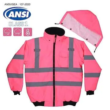 VENDACE Hi Vis Reflective Safety Winter Bomber Jacket Hoodie for Women ANSI High Visibility Pink Quilted Lining Jacket (Pink,XL)