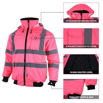 VENDACE Hi Vis Reflective Safety Winter Bomber Jacket Hoodie for Women ANSI High Visibility Pink Quilted Lining Jacket (Pink,XL)