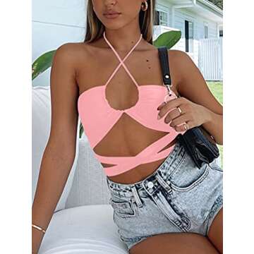 Kaximil Women's Sexy Sleeveless Halter Criss Cross Cami Lace Up Self Tie Tank Crop Tops, S-M, Pink