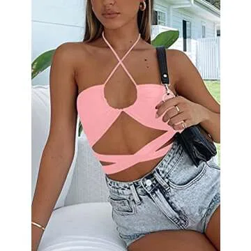 Kaximil Women's Sexy Sleeveless Halter Criss Cross Cami Lace Up Self Tie Tank Crop Tops, S-M, Pink