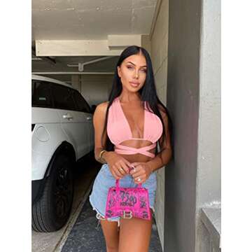 Kaximil Women's Sexy Sleeveless Halter Criss Cross Cami Lace Up Self Tie Tank Crop Tops, S-M, Pink