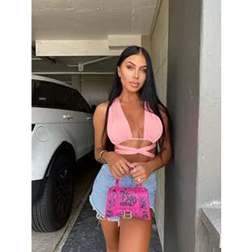 Kaximil Women's Sexy Sleeveless Halter Criss Cross Cami Lace Up Self Tie Tank Crop Tops, S-M, Pink