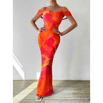 MASCOMODA Womens Summer Dresses 2025 Sleeveless Floral Maxi Dress Sexy Slit Bodycon Dress Slip Backless Long Cocktail Dresses(Orange Red,Medium)