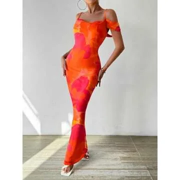 MASCOMODA Womens Summer Dresses 2025 Sleeveless Floral Maxi Dress Sexy Slit Bodycon Dress Slip Backless Long Cocktail Dresses(Orange Red,Medium)