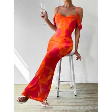 MASCOMODA Womens Summer Dresses 2025 Sleeveless Floral Maxi Dress Sexy Slit Bodycon Dress Slip Backless Long Cocktail Dresses(Orange Red,Medium)