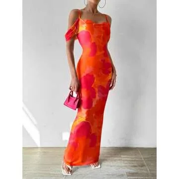 MASCOMODA Womens Summer Dresses 2025 Sleeveless Floral Maxi Dress Sexy Slit Bodycon Dress Slip Backless Long Cocktail Dresses(Orange Red,Medium)