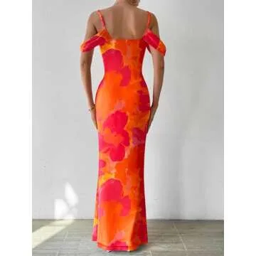 MASCOMODA Womens Summer Dresses 2025 Sleeveless Floral Maxi Dress Sexy Slit Bodycon Dress Slip Backless Long Cocktail Dresses(Orange Red,Medium)