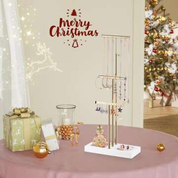 Love-KANKEI Jewelry Organizer Hanging with Metal and Wood Base, Necklace Holder with 3 Tier Tree Jew...