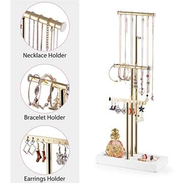 Love-KANKEI Jewelry Organizer Hanging with Metal and Wood Base, Necklace Holder with 3 Tier Tree Jewelry holder stand for Bracelets Earrings Rings,Height Adjustable Gift White and Gold