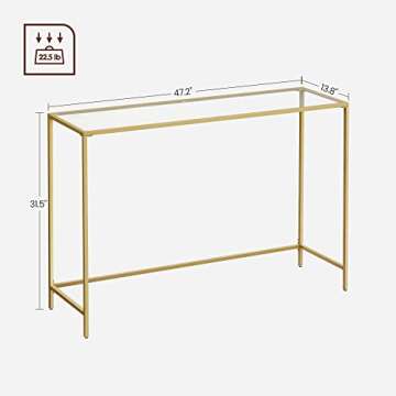 VASAGLE 47.2 Inches Console Table, Tempered Glass Sofa Table, Modern Entryway Table, Sturdy Metal Frame, Easy to Assemble, Adjustable Feet, for Living Room, Hallway, Gold Color ULGT036A01