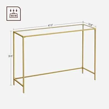 VASAGLE 47.2 Inches Console Table, Tempered Glass Sofa Table, Modern Entryway Table, Sturdy Metal Frame, Easy to Assemble, Adjustable Feet, for Living Room, Hallway, Gold Color ULGT036A01