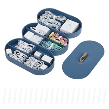 Yesesion Blue Plastic Cable Organizer Box with Lid, Stackable Cord Management Case with 20pcs Wire T...